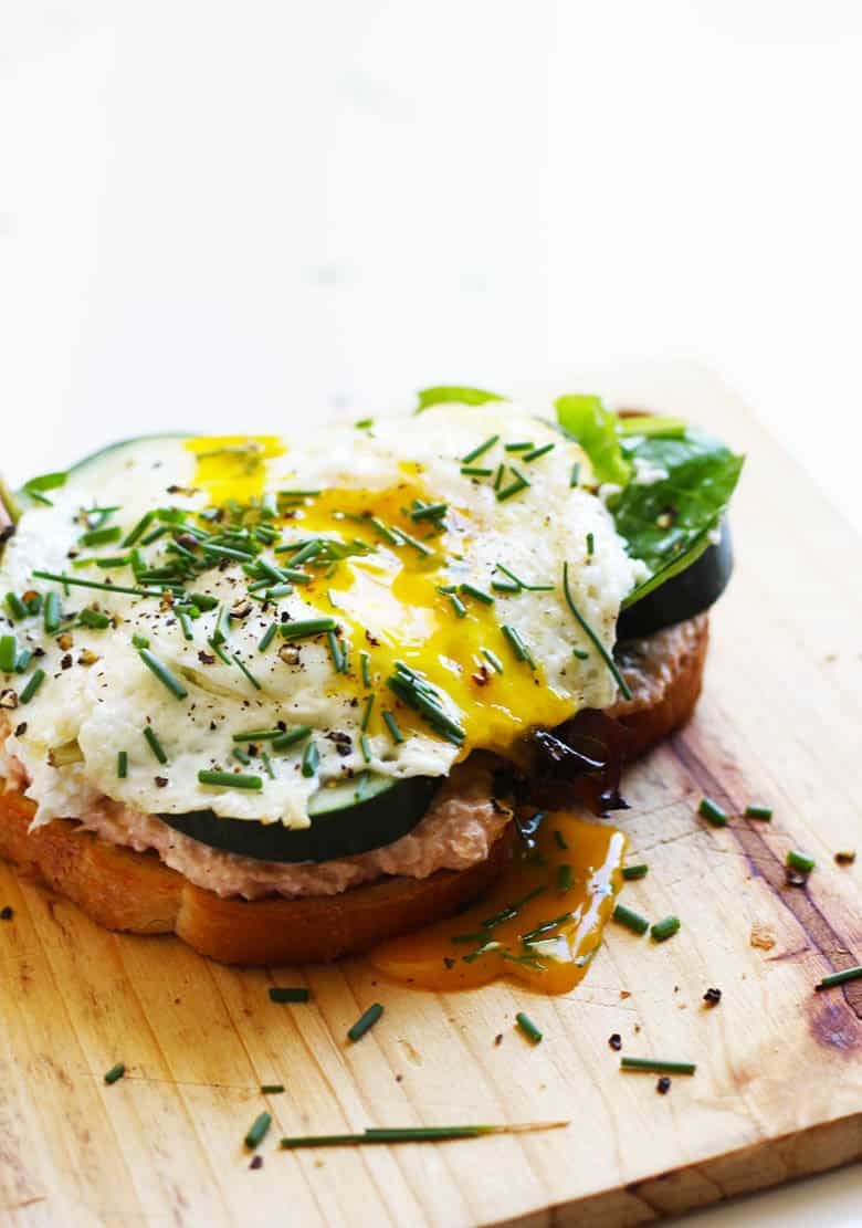 Open faced sandwich with an egg on it.