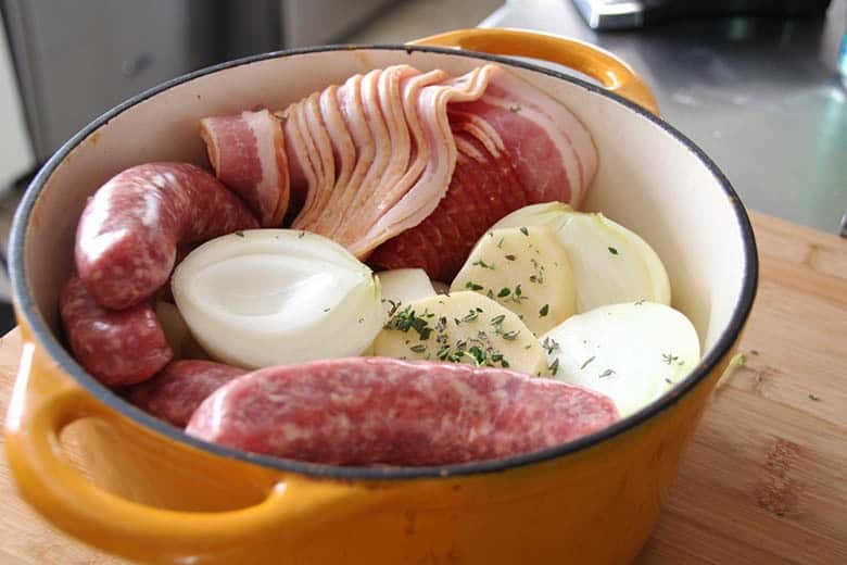 Traditional Irish Coddle in a pan ready to cook.
