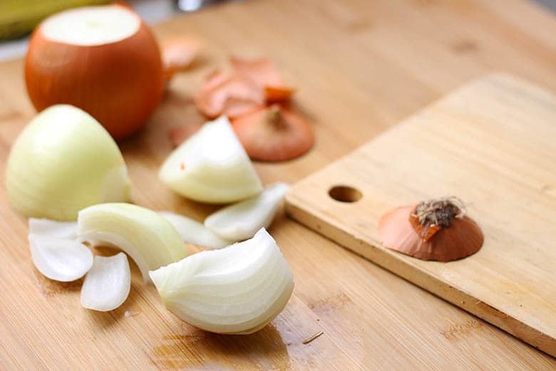 chopped onion on a cutting board.