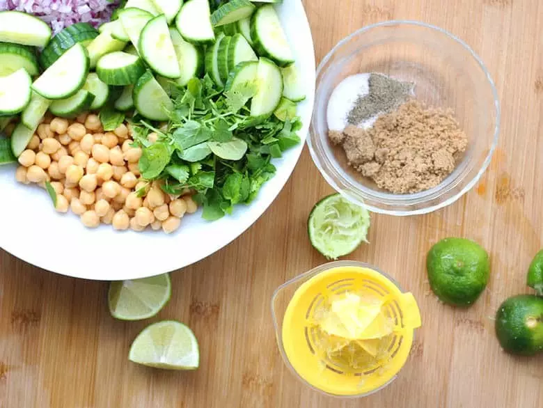 All of the ingredients for Chana Chaat.
