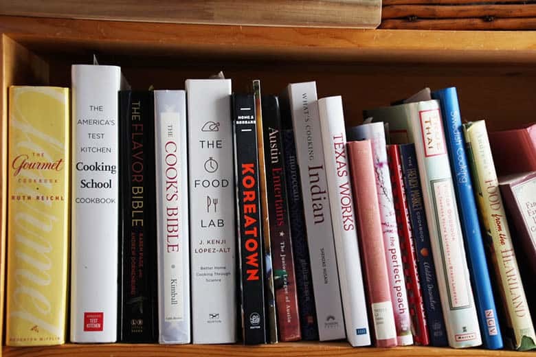Bookshelf with cookbooks.