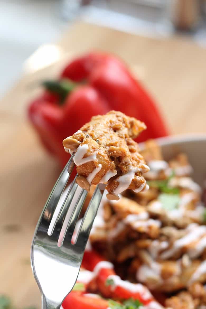 A bite of Chicken Tinga on a fork.