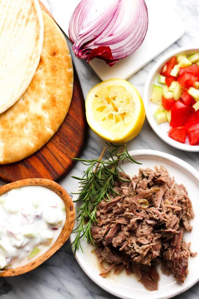 Gyro ingredients on a table.