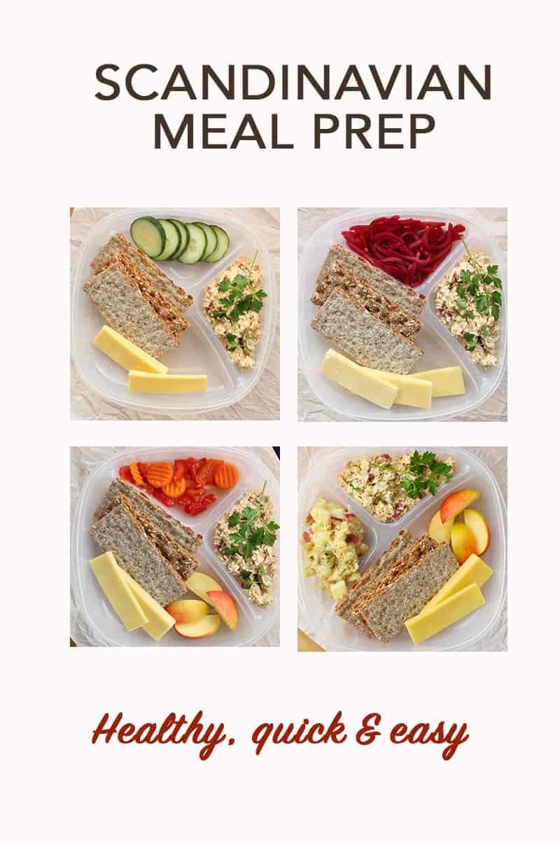 Healthy Scandinavian Lunch Meal Prep. An easy and healthy solution for a healthy new year. Salmon salad is served with nutritious crackers and veggie sides. Prepare lunches for the whole week without the guilt.