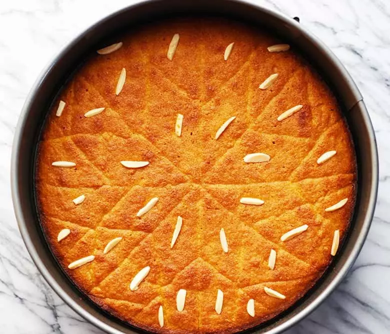 Regvani Semolina cake in a springform pan.