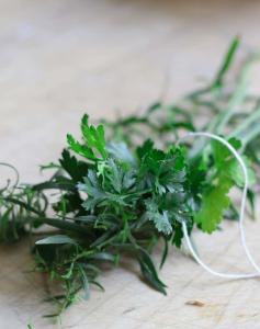 Fresh herbs tied with twine.