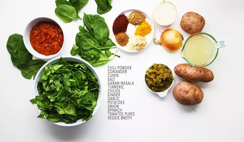 Aloo Palak Ingredients on a white background.