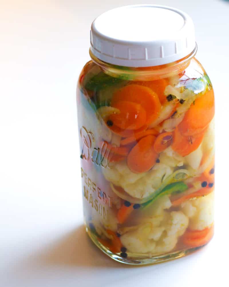 A jar of vegetables.