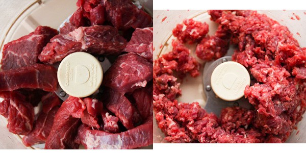 Beef in a food processor.