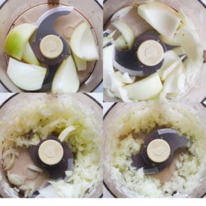 Onions in a food processor.