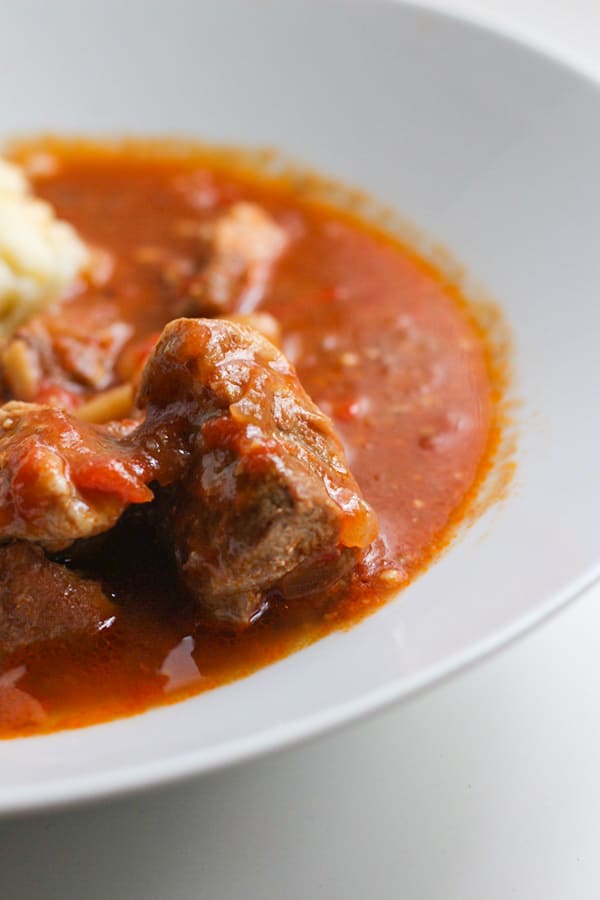 Hungarian Goulash in a white bowl.