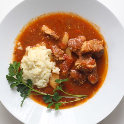A bowl of traditional Hungarian goulash.