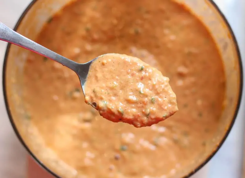 Pureed paprika sauce in a spoon.