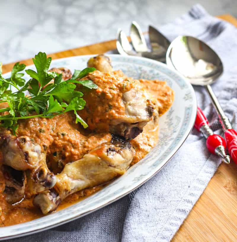 Hungarian Paprika chicken on a platter.