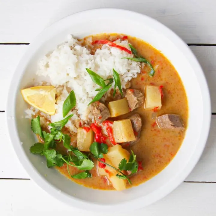 Yellow curry with rice.