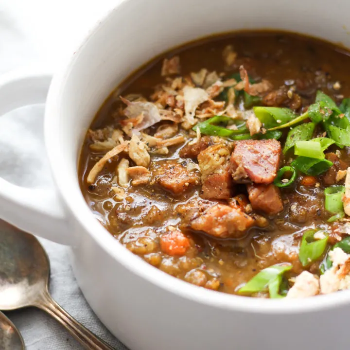 A bowl of Curried Lentil Soup with Ham and Chipotle.