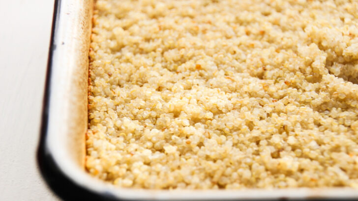 Cooked quinoa in a baking dish.