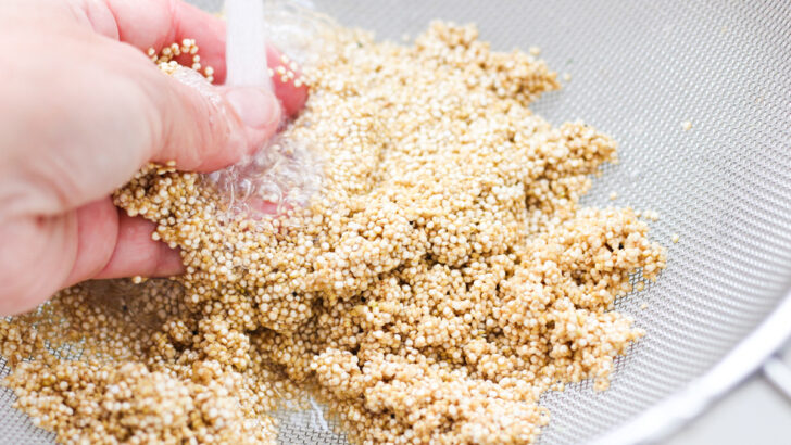 Rinsing the saponins off quinoa in a fine mesh strainer.