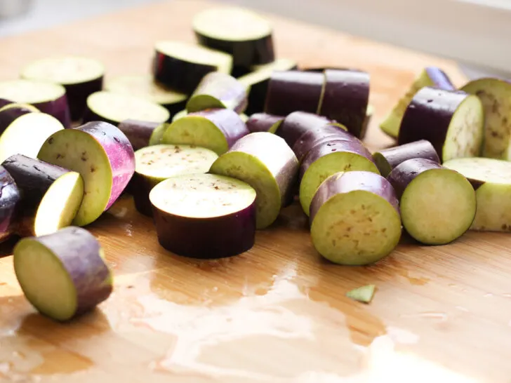 Eggplant sliced into 1/2 inch rounds.