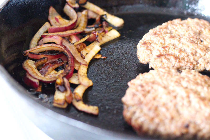 grilled beef patties and onions